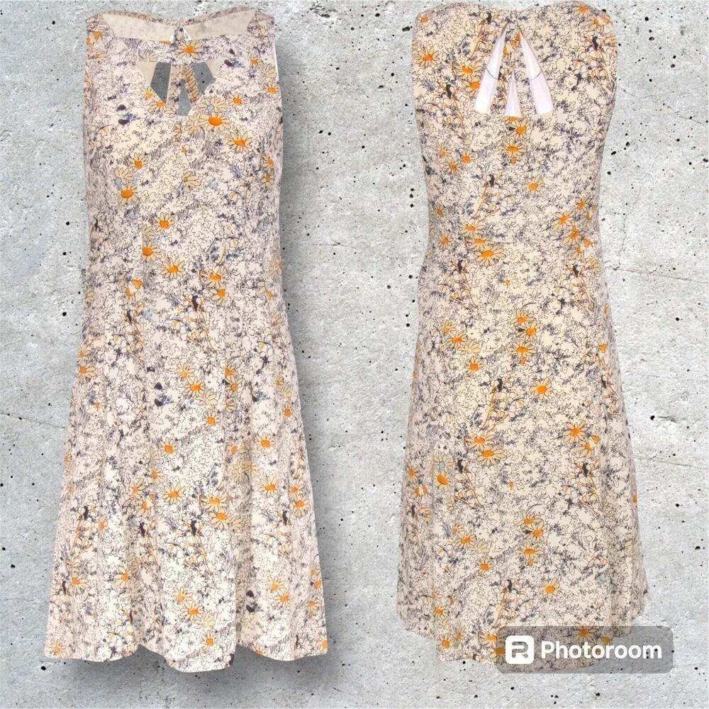 Anthropologie Cream Floral Midi Dress with Yellow & Gray Accents